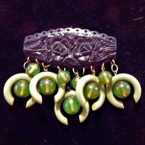 C.1925, Rose Carved BAKELITE Coat-Jacket Brooch W/Dangling Green Apple Beads